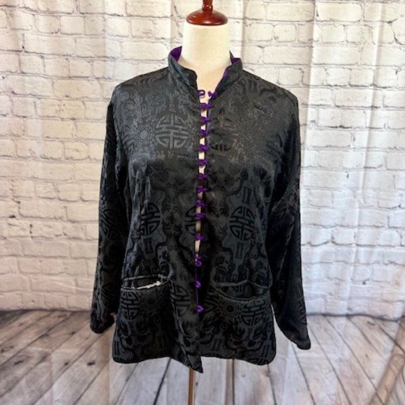 Reversible Silk Mandarin Jacket Purple & Black – Handmade in Nepal Size Medium - Picture 3 of 11